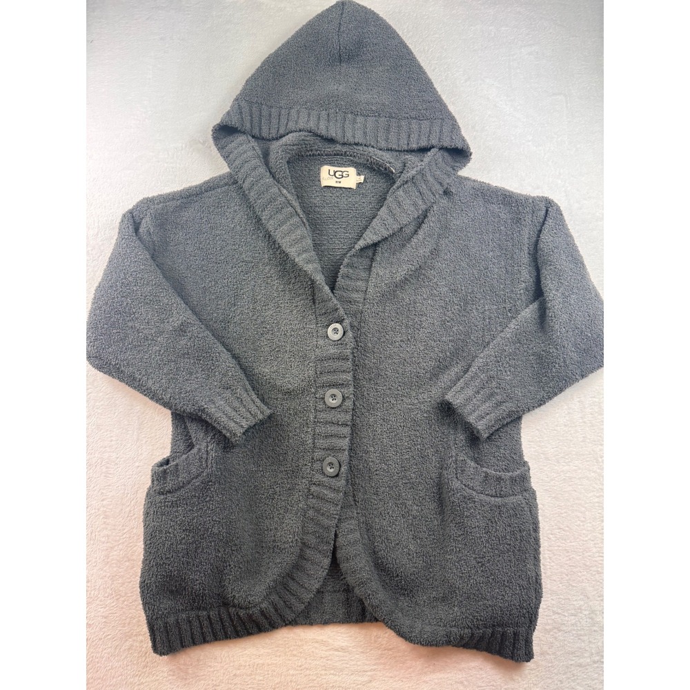 UGG RTW Charcoal Gray Hooded Knit Cardigan Sweater M/L Button Front Pockets